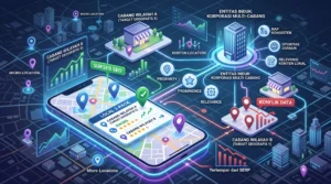 Infografis teknis strategi ekosistem jasa Local SEO terpadu untuk bisnis multi-cabang, menampilkan visualisasi algoritma Google 'Local 3-Pack' pada perangkat mobile dan diagram alur koneksi data dari Entitas Induk Korporasi ke berbagai cabang yang menunjukkan keberhasilan penempatan di wilayah geografis target