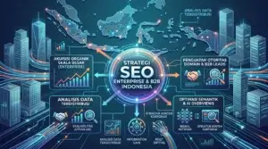 Diagram arsitektur strategi jasa SEO profesional Indonesia untuk skala enterprise dan B2B dengan visualisasi peta digital, jaringan neural, dan alur perolehan prospek berkualitas.