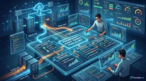 Visualisasi Metodologi Framework Audit Teknis Berbasis Data Puncakseo, menampilkan tahapan Infrastruktur, Arsitektur Perayapan, Rendering, dan Pengalaman Pengguna dengan server log analysis.