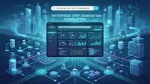 Visualisasi strategi technical SEO audit untuk enterprise, menampilkan dashboard analisis data, infrastruktur server, dan jalur perayapan bot untuk mencapai dominasi SERP