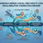 Infografis kerangka kerja jasa Local SEO multi lokasi PuncakSEO untuk skalabilitas visibilitas brand dengan audit data, arsitektur lokasi digital, dan optimasi GBP massal guna mencapai Local 3-Pack ranking.