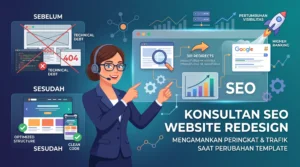 Konsultan SEO profesional mengoptimalkan struktur website baru untuk peringkat dan lalu lintas selama proses desain ulang template dan migrasi.