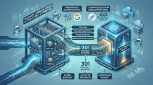 Infografis SEO yang mengilustrasikan proses migrasi domain aman dengan transfer otoritas dari domain lama ke domain baru, menampilkan 301 redirect mapping, preservasi graph entitas, dan canonicalization lintas protokol untuk menjaga peringkat mesin pencari.