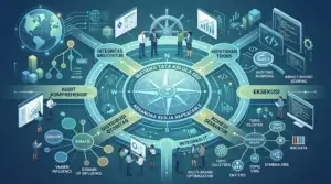 Infografis komprehensif tentang metodologi SEO korporasi dari Puncakseo, menampilkan matriks tata kelola dengan kompas pusat bertuliskan 'Kerangka Kerja Repeatable'. Alur kerja visual ini membagi proses menjadi Audit Komprehensif dan Eksekusi, yang mencakup empat pilar utama: Integritas Arsitektur, Kepatuhan Teknis (termasuk auditing rendering dan impact-effort scoring), Kohesi Semantik (meliputi topik cluster, knowledge graph, Wikidata, dan Schema.org), serta Distribusi Otoritas. Juga menunjukkan integrasi IT dan optimasi multi-brand untuk lingkungan enterprise.