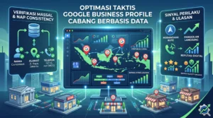 Infografis panduan taktis optimasi Google Business Profile multi-cabang berbasis data, verifikasi massal, konsistensi NAP, dan sinyal interaksi lokal.